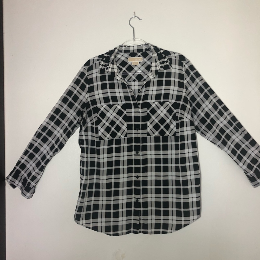 Michael Kors Blouse Plaid Rhinestone Size 0X Sheer Button Up Sleeves Western - Picture 2 of 10
